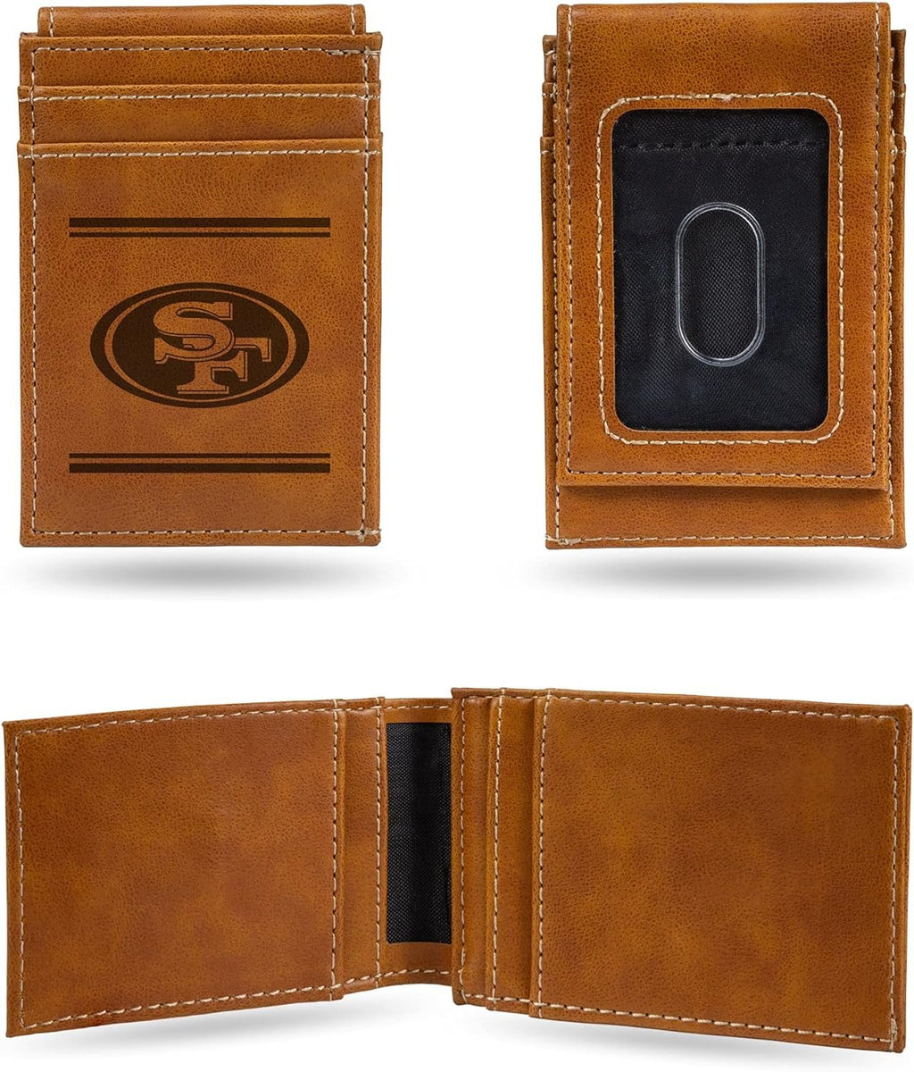 Rico Industries NFL San Francisco 49ers Premium Laser Engraved Vegan Brown Leather Front Pocket Wallet - Compact and Slim yet Sturdy Design - Perfect to Show Your Team Pride or Gift