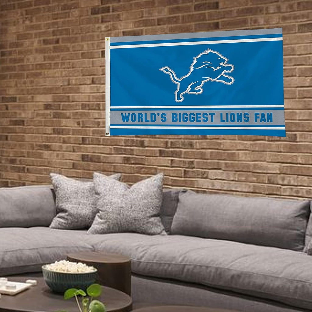 Detroit Lions 3x5 Feet Flag Banner, World's Biggest Fan, Metal Grommets, Single Sided, Indoor or Outdoor Use
