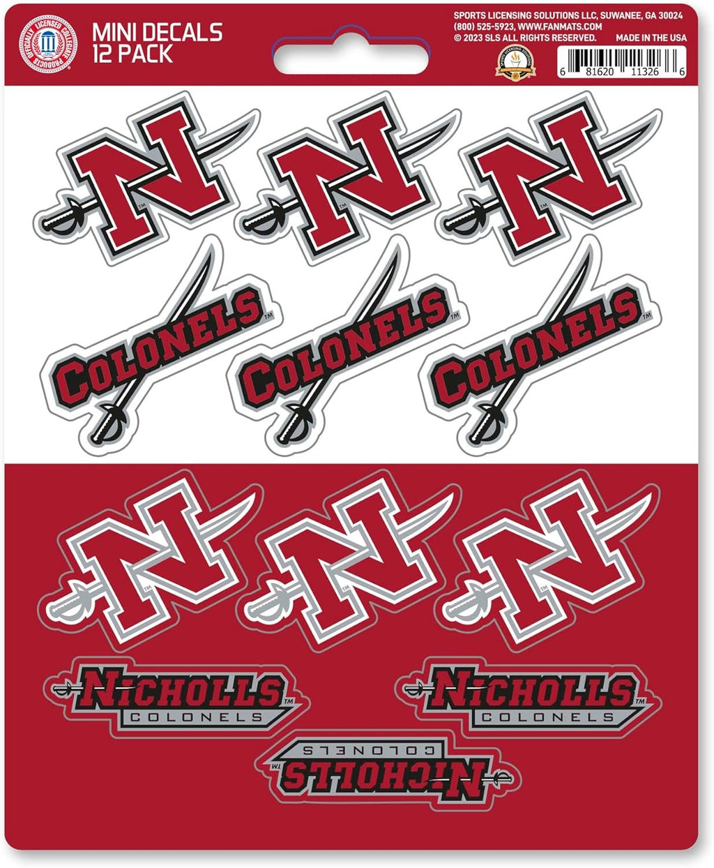 Nicholls State University Colonels 12-Piece Mini Decal Sticker Set, 5x6 Inch Sheet, Gift for football fans for any hard surfaces around home, automotive, personal items