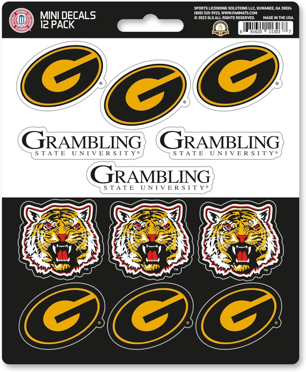 Grambling State University Tigers 12-Piece Mini Decal Sticker Set, 5x6 Inch Sheet, Gift for football fans for any hard surfaces around home, automotive, personal items