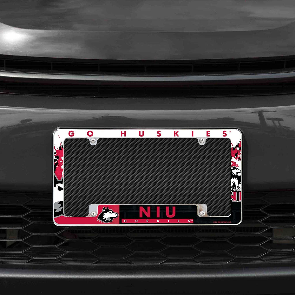 University of Northern Illinois Huskies Metal License Plate Frame Chrome Tag Cover All Over Design 6x12 Inch