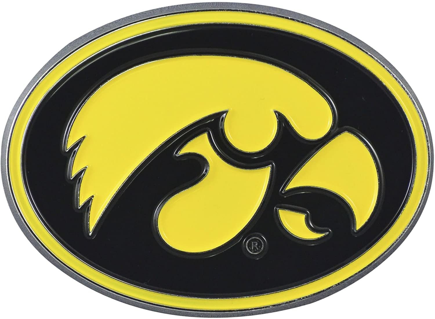 University of Iowa Hawkeyes Premium Solid Metal Raised Auto Emblem, Team Color, Shape Cut, Adhesive Backing