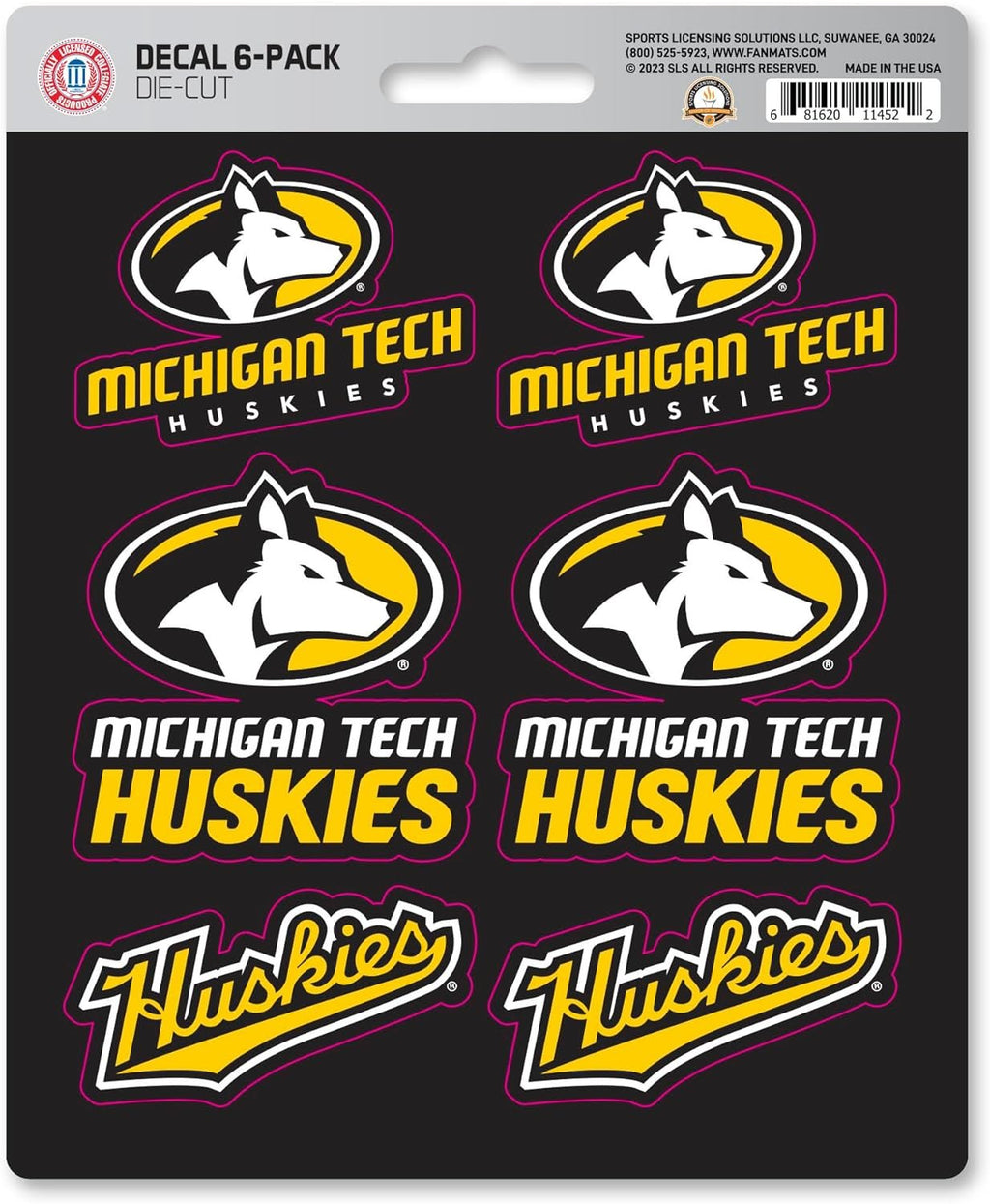 Michigan Tech University Huskies 6-Piece Decal Sticker Set, 5x6 Inch Sheet, Gift for football fans for any hard surfaces around home, automotive, personal items