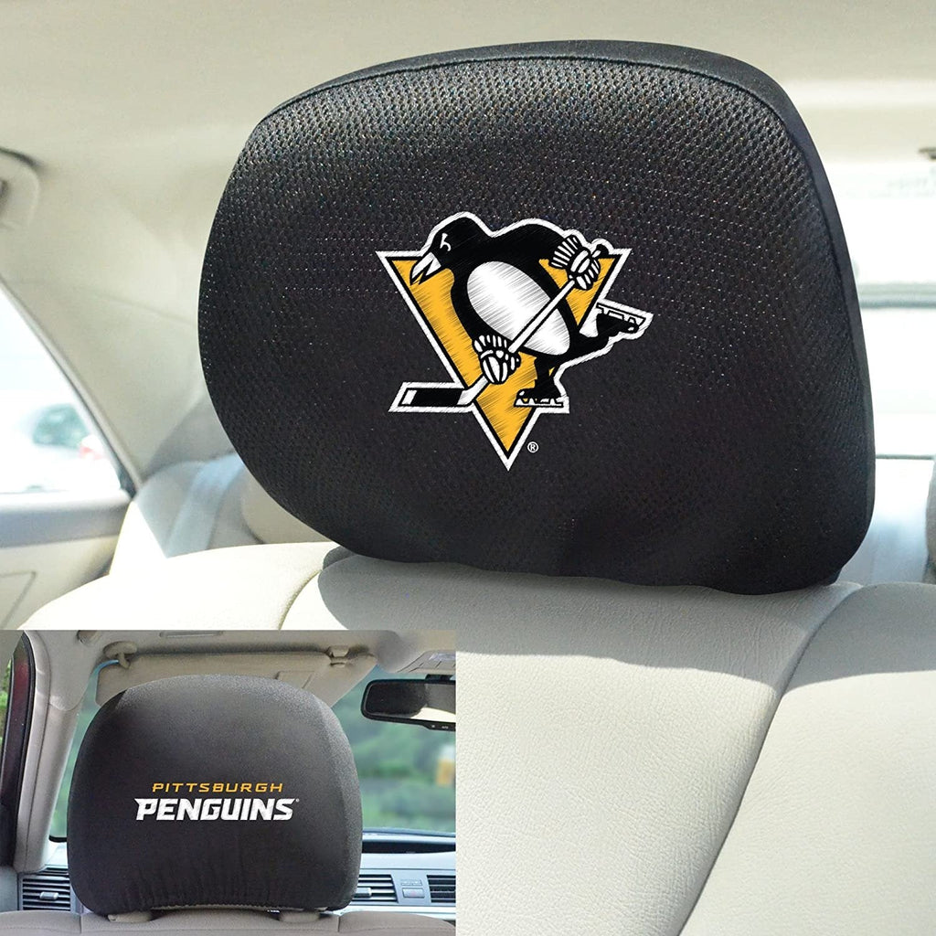 Pittsburgh Penguins Pair of Premium Auto Head Rest Covers, Embroidered, Black Elastic, 14x10 Inch