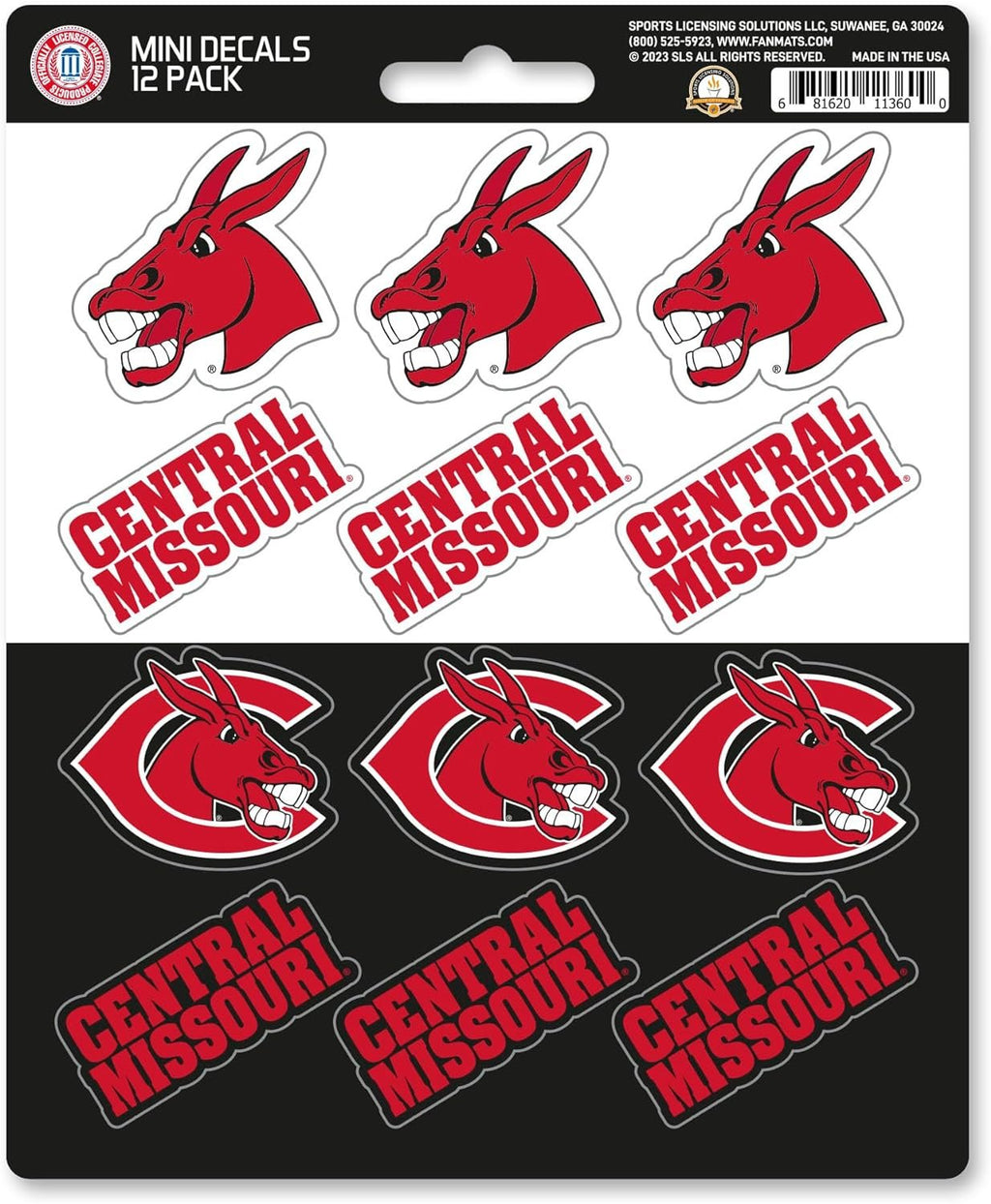 University of Central Missouri Mules 12-Piece Mini Decal Sticker Set, 5x6 Inch Sheet, Gift for football fans for any hard surfaces around home, automotive, personal items
