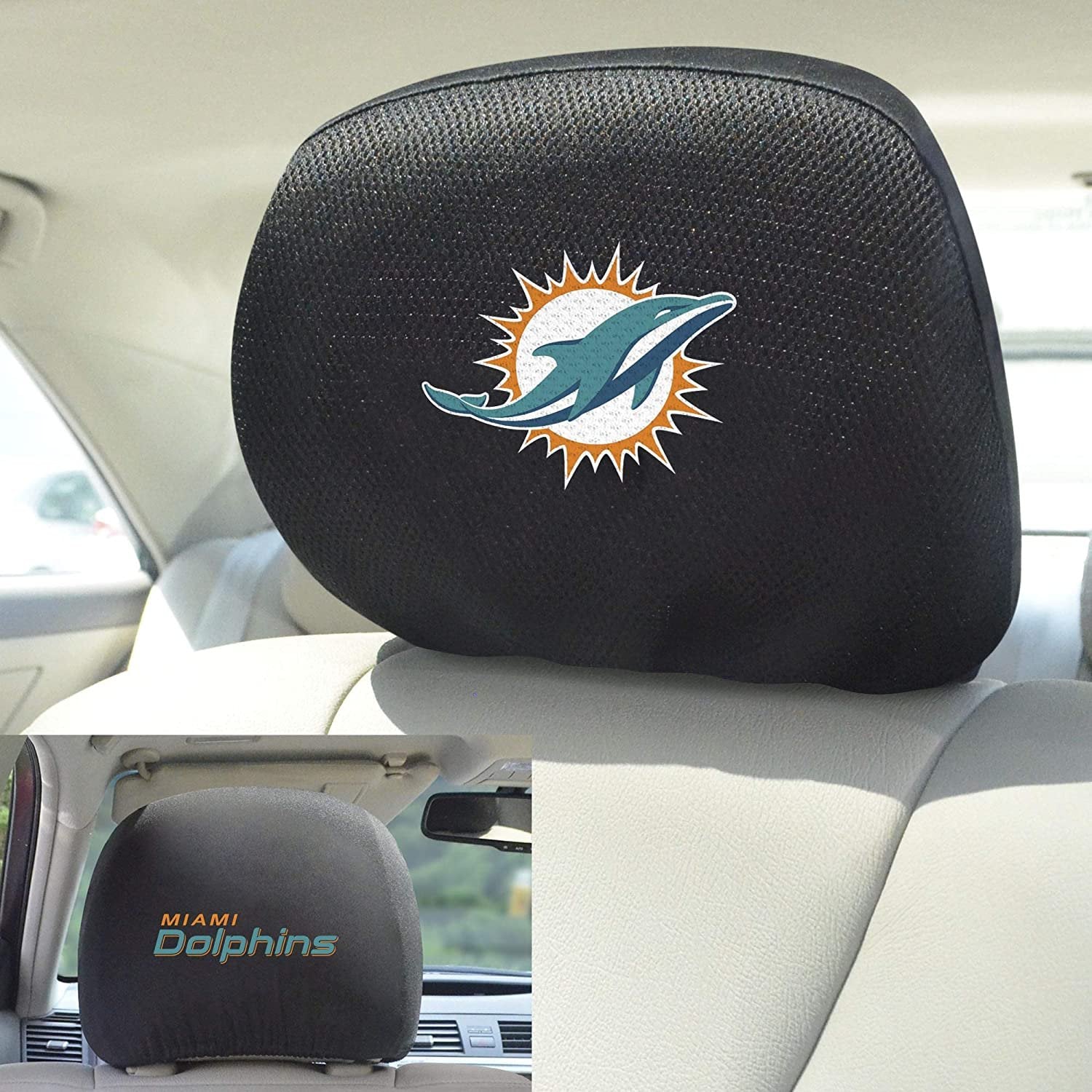 Miami Dolphins Pair of Premium Auto Head Rest Covers, Embroidered, Black Elastic, 14x10 Inch