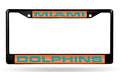 Miami Dolphins Black Metal License Plate Frame Tag Cover, Laser Acrylic Mirrored Inserts, 12x6 Inch