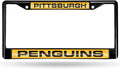 Pittsburgh Penguins Black Metal License Plate Frame Tag Cover, Laser Acrylic Mirrored Inserts, 12x6 Inch