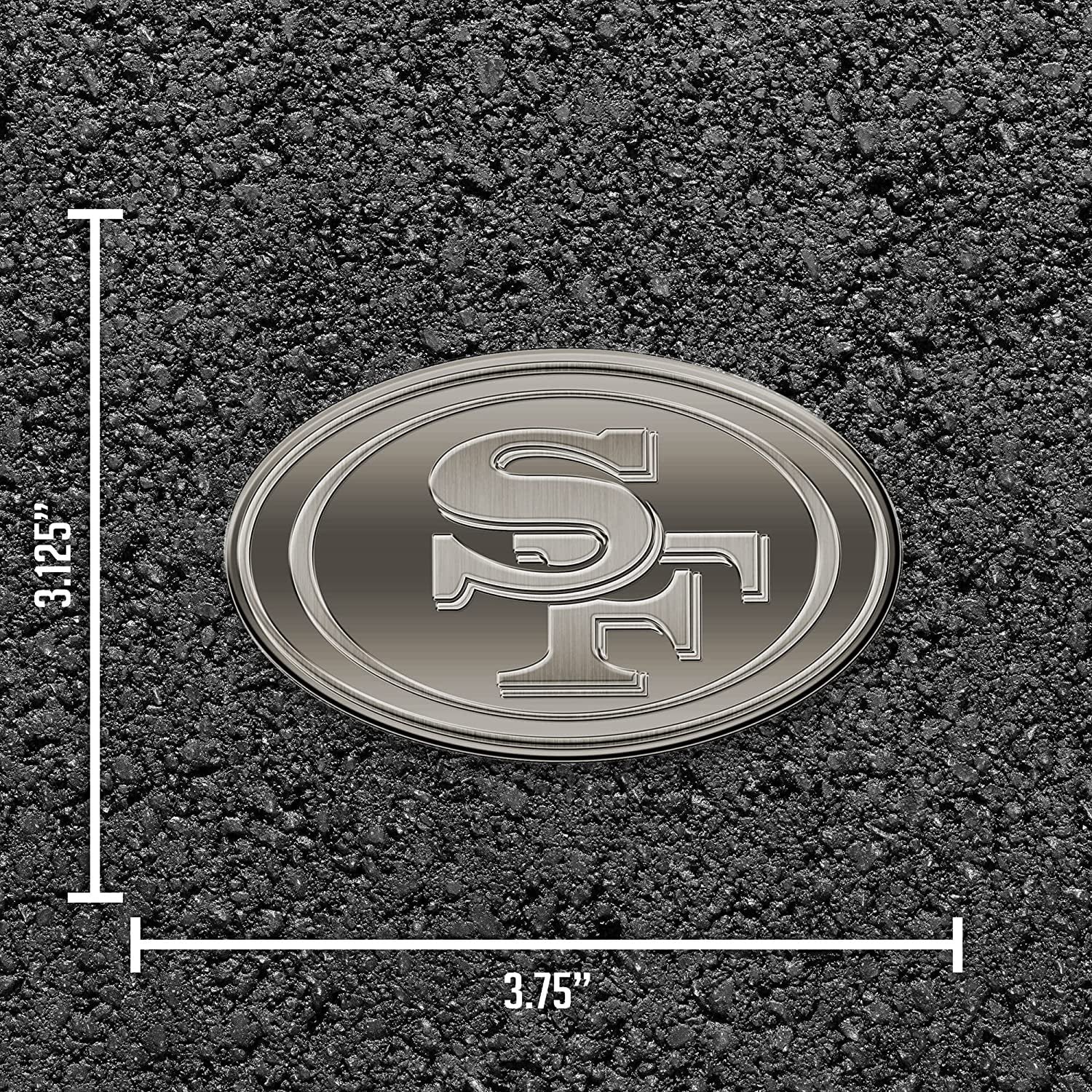 San Francisco 49ers Premium Solid Metal Raised Auto Emblem, Antique Nickel Finish, Shape Cut, Adhesive Backing