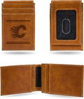 Rico Industries NHL Calgary Flames Premium Laser Engraved Vegan Brown Leather Front Pocket Wallet - Compact and Slim yet Sturdy Design - Perfect to Show Your Team Pride or Gift