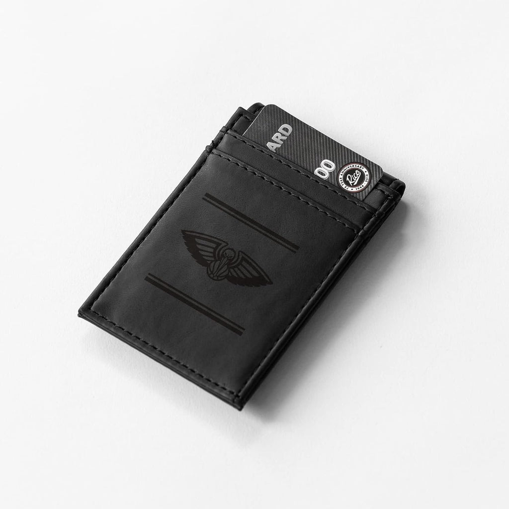 New Orleans Pelicans Premium Black Leather Wallet, Front Pocket Magnetic Money Clip, Laser Engraved, Vegan