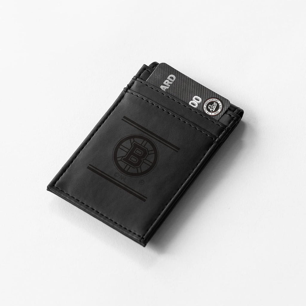 Boston Bruins Premium Black Leather Wallet, Front Pocket Magnetic Money Clip, Laser Engraved, Vegan