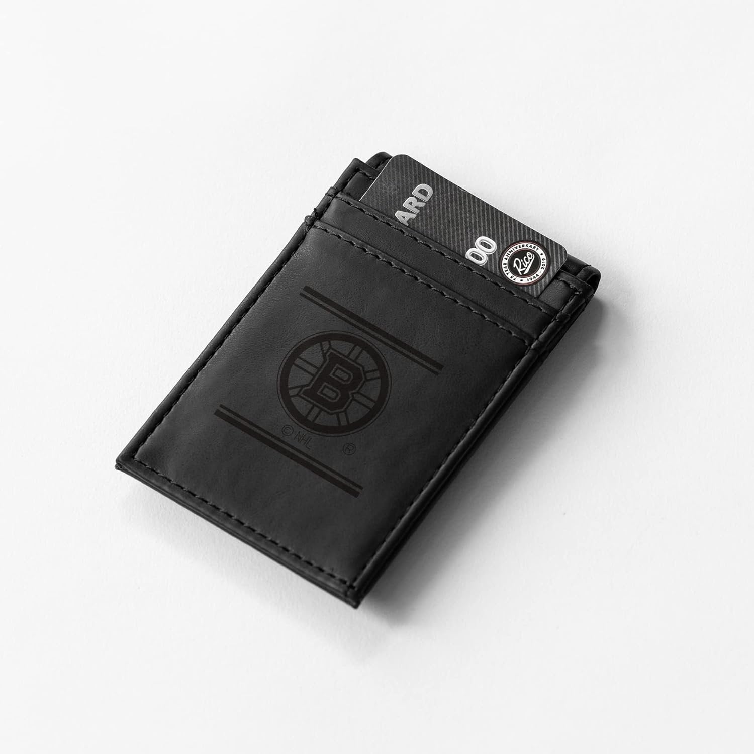 Boston Bruins Premium Black Leather Wallet, Front Pocket Magnetic Money Clip, Laser Engraved, Vegan