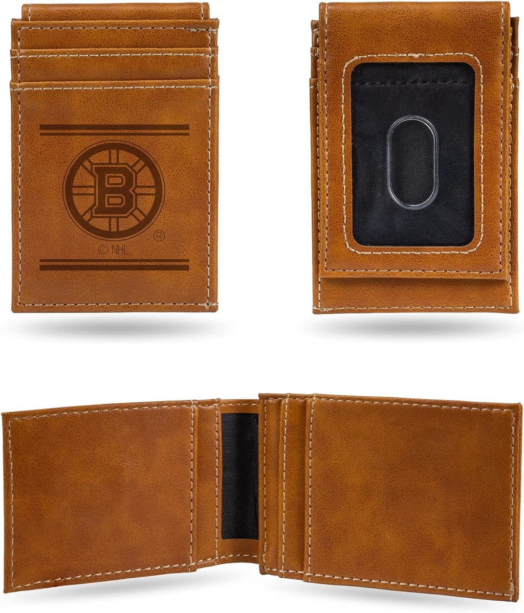 Rico Industries NHL Boston Bruins Premium Laser Engraved Vegan Brown Leather Front Pocket Wallet - Compact and Slim yet Sturdy Design - Perfect to Show Your Team Pride or Gift