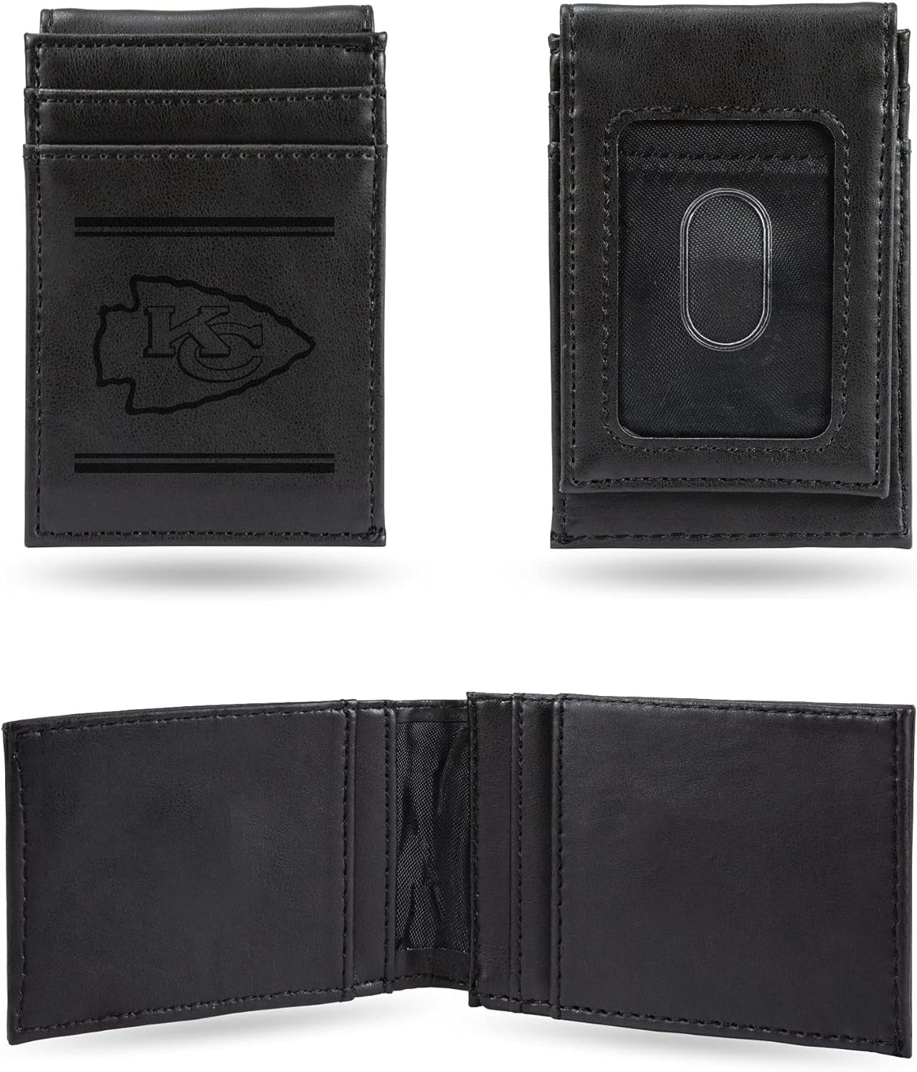 Kansas City Chiefs Premium Black Leather Wallet, Front Pocket Magnetic Money Clip, Laser Engraved, Vegan