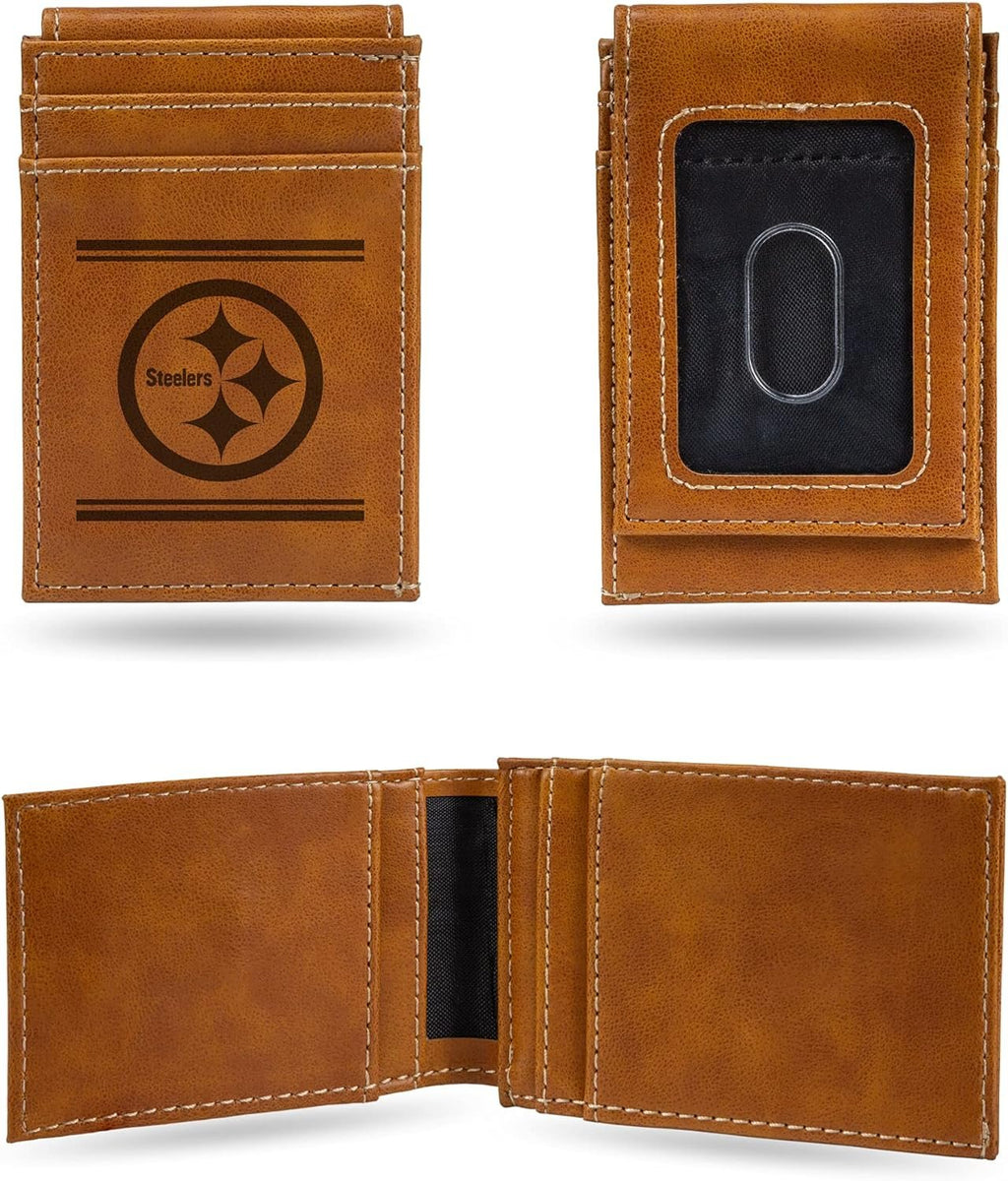Rico Industries NFL Pittsburgh Steelers Premium Laser Engraved Vegan Brown Leather Front Pocket Wallet - Compact and Slim yet Sturdy Design - Perfect to Show Your Team Pride or Gift