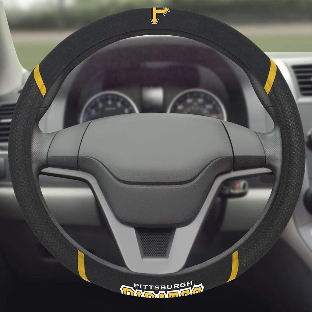 Pittsburgh Pirates Steering Wheel Cover Premium Embroidered Black 15 Inch