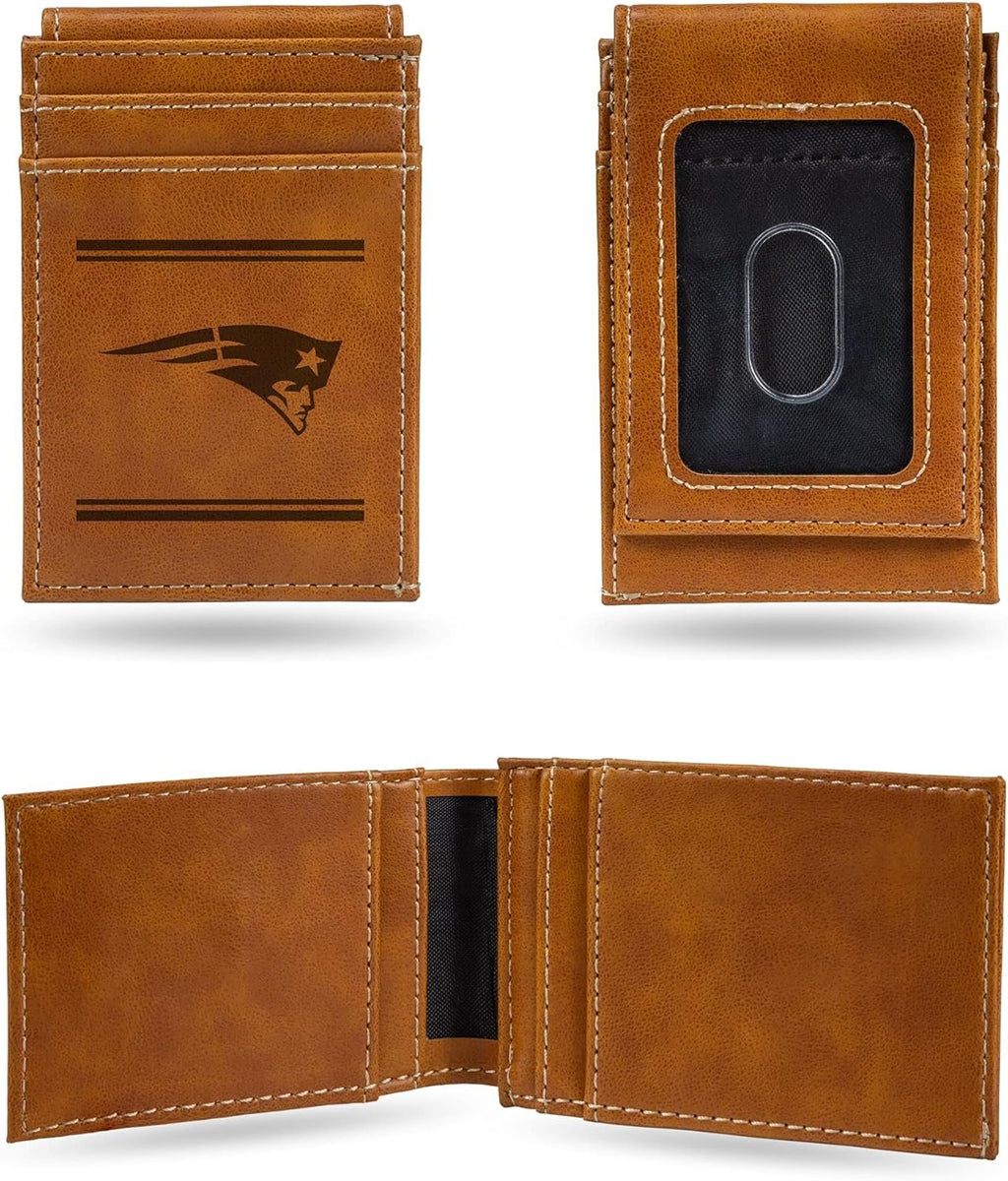 NFL New England Patriots Premium Laser Engraved Vegan Brown Leather Front Pocket Wallet - Compact and Slim yet Sturdy Design - Perfect to Show Your Team Pride or Gift