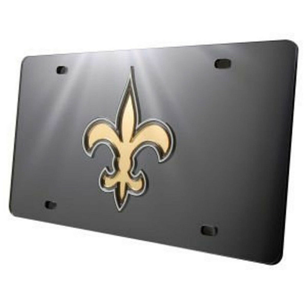New Orleans Saints Premium Laser Cut Tag License Plate, Black Fleur De Lis, Mirrored Inlaid Acrylic, 12x6 Inch
