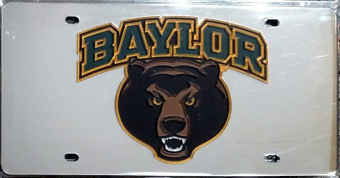 Baylor University Bears Premium Laser Cut Tag License Plate, Mascot Design, Mirrored Acrylic Inlaid, 6x12 Inch