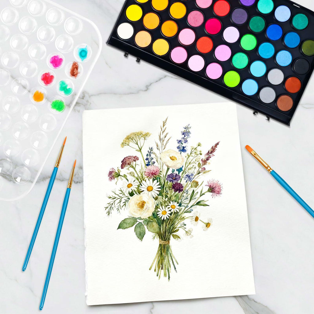 48 Color Solid Watercolor Paint Set with 3 Brushes for Kids & Artists