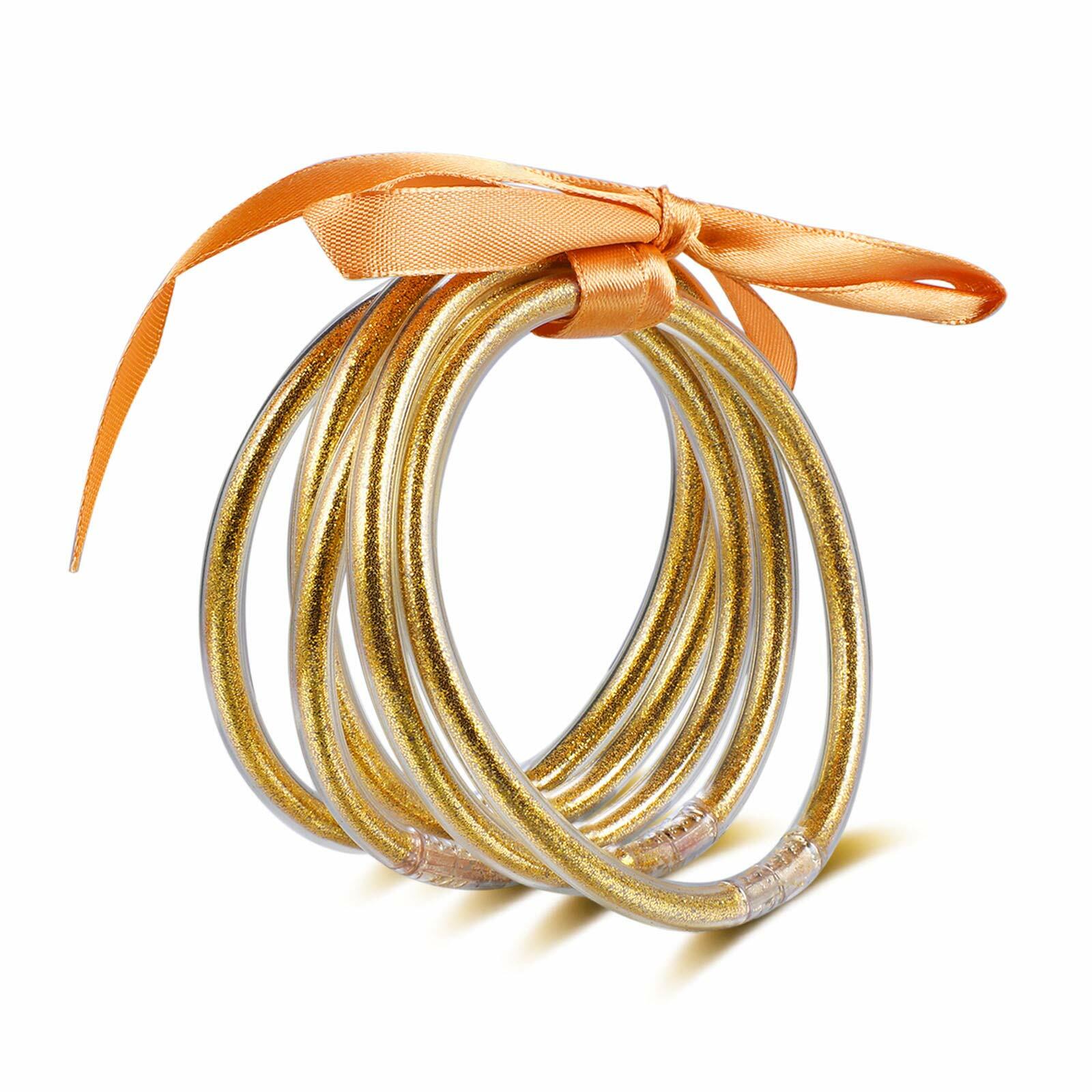 HIIXHC Gold Glitter Jelly Bangle Bracelets Set Silicone Friendship 6.5 Inch