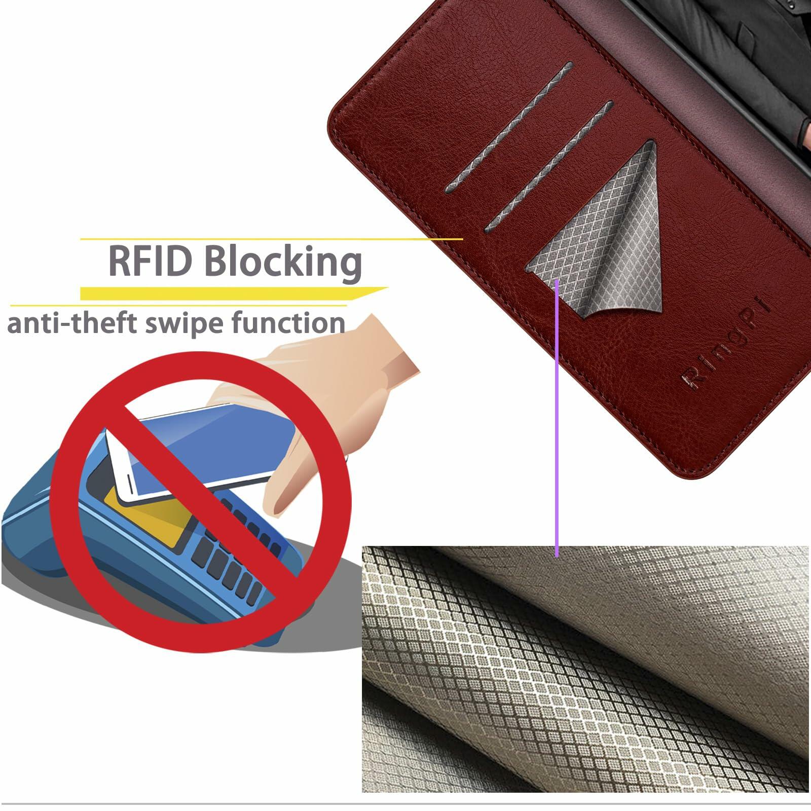 RingPi Moto G 5G 2024 Leather RFID Wallet Case Brown 3 Card Slots