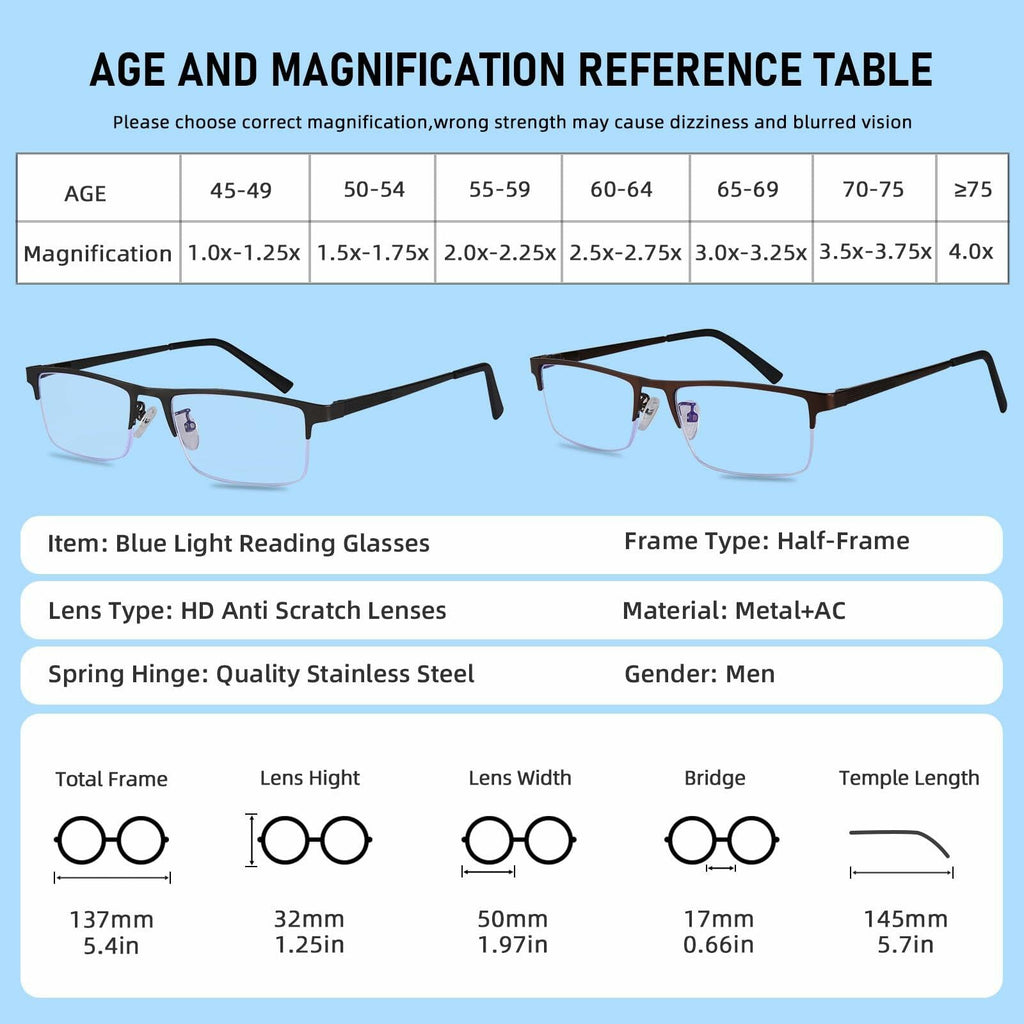 Anourney 3-Pack Men's Reading Glasses +3.0 Metal Half Frame Black Gray
