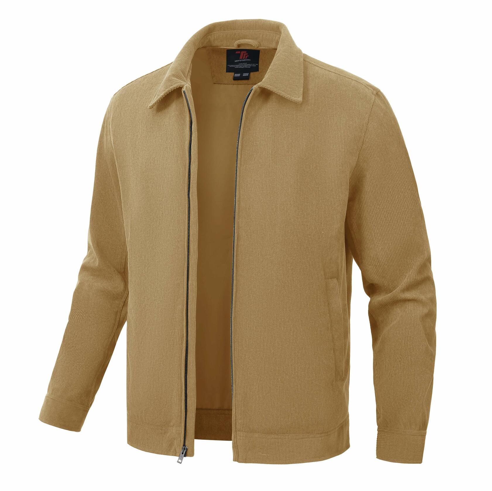 Rdruko Men's Corduroy Zip-Front Bomber Jacket Light Grey Size L