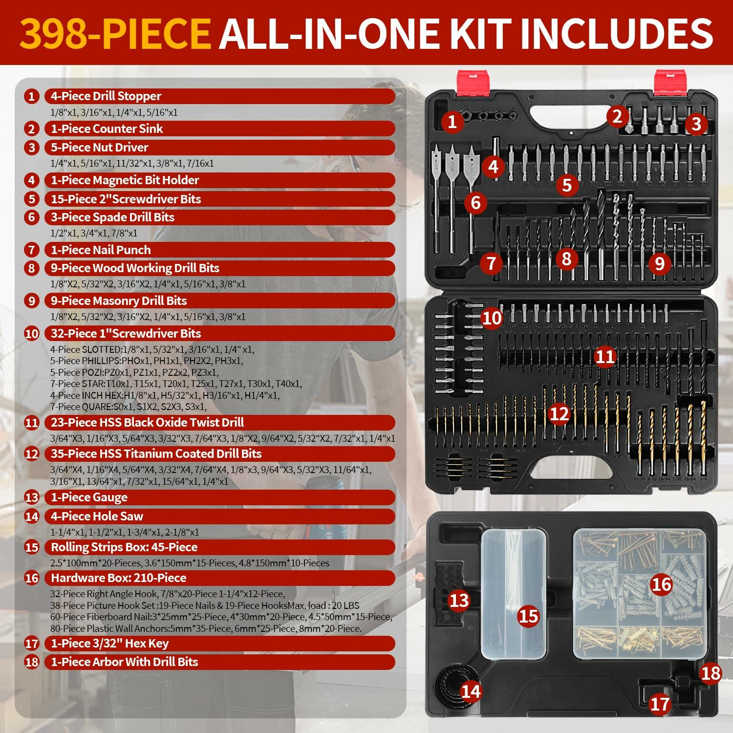 Wakuka 400 Pcs Drill Bit & Screwdriver Set Black High Speed Steel Titanium