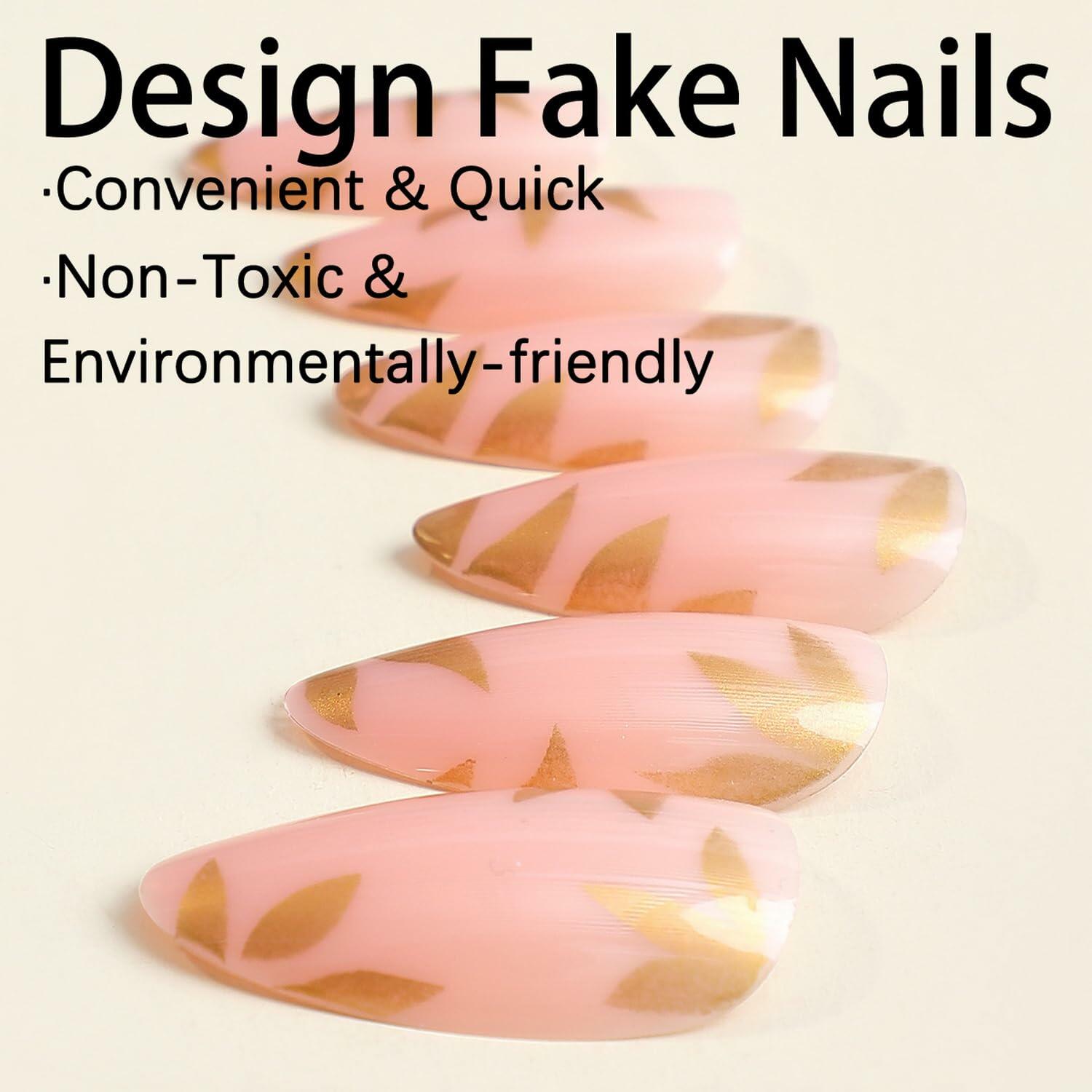 GRITOSE 24 Pcs Fall Maple Leaves Almond Medium Pink Matte Press On Nails