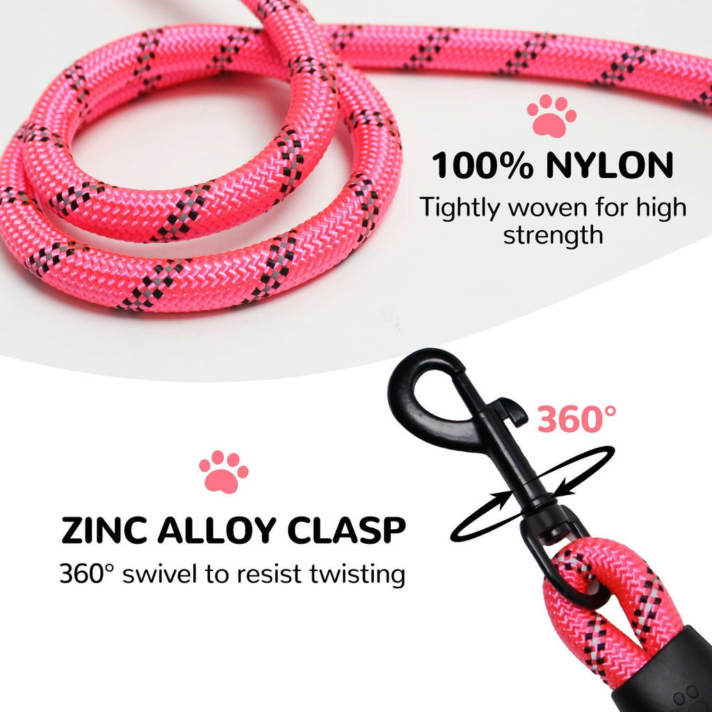 YALAVA Dog Leash 5FT Heavy Duty Reflective Nylon Rope Pink Padded Handle